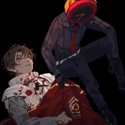 Rule 34 | armor, black shirt, blood, blood on clothes, clock, covering with clothes, dante (limbus company), dark-skinned male, dark skin, heathcliff (project moon), jacket, limbus company, male focus, necktie, no lineart, non-web source, project moon, red jacket, red necktie, scar, scar on face, shirt, sweatdrop, white jacket