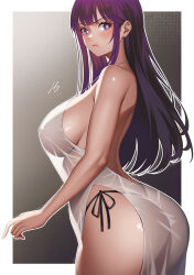 Rule 34 | 1girl, alternate costume, ass, backless dress, backless outfit, bare shoulders, black panties, blunt bangs, blush, border, breasts, bright pupils, closed mouth, commentary, dress, fern (sousou no frieren), from side, highres, ho haiiro, large breasts, long hair, looking at viewer, looking to the side, outside border, panties, pout, purple eyes, purple hair, see-through, see-through dress, side-tie panties, sideboob, solo, sousou no frieren, underwear, white border, white dress, white pupils