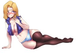 Rule 34 | 1girl, android 18, arm support, blonde hair, blue eyes, breasts, cleavage, curvy, cyborg, denim, denim jacket, dragon ball, dragonball z, female focus, jacket, lying, mr steak, no bra, on side, panties, simple background, solo, striped clothes, striped panties, thighhighs, underwear, white background