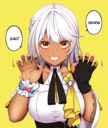 Rule 34 | 1girl, black gloves, black nails, braid, carole peppers, claw pose, dark-skinned female, dark skin, fingerless gloves, gloves, grin, highres, honkai (series), honkai impact 3rd, lion space, lipstick, looking at viewer, makeup, nail polish, open mouth, pink nails, shirt, short hair, simple background, single glove, smile, solo, teeth, v-shaped eyebrows, white hair, white shirt, yellow background, yellow eyes