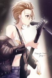 Rule 34 | 1girl, absurdres, black jacket, blush, breasts, brown hair, crop top, electric guitar, forehead, from side, guitar, highres, idolmaster, idolmaster cinderella girls, instrument, jacket, kimura natsuki, kumatsuki (no-kirin), leather, leather jacket, light particles, light smile, looking afar, microphone, plectrum, profile, small breasts, solo, tank top, white tank top