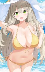 Rule 34 | 1girl, :d, absurdres, arm up, bikini, blonde hair, blue archive, blue sky, blush, breasts, cleavage, cloud, cowboy shot, day, gluteal fold, green eyes, hand up, hat, hayana neru, highres, large breasts, looking at viewer, navel, nonomi (blue archive), nonomi (swimsuit) (blue archive), ocean, official alternate costume, open mouth, outdoors, side-tie bikini bottom, sky, smile, solo, stomach, sun hat, swimsuit, thighs, wet, white hat, yellow bikini
