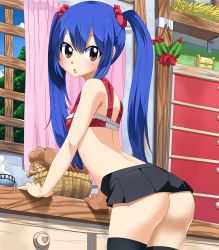 Rule 34 | absurdres, arm support, ass, black skirt, black thighhighs, blue hair, blush, bra, bread, breasts, brown eyes, cowboy shot, day, fairy tail, food, hair between eyes, hair ornament, hair scrunchie, highres, indoors, leaning forward, long hair, looking at viewer, microskirt, no panties, open mouth, planeptune, pleated skirt, red bra, scrunchie, shiny skin, skirt, small breasts, solo, standing, steam, thighhighs, twintails, underwear, very long hair, wendy marvell, window