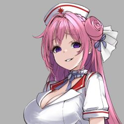 Rule 34 | 1girl, breasts, choker, cleavage, commentary, dorothy (nikke), evil grin, evil smile, frilled choker, frills, goddess of victory: nikke, grey background, grin, hair bun, hair intakes, hair ornament, hair ribbon, hat, large breasts, long hair, looking at viewer, neck ribbon, nurse, nurse cap, pink hair, purple choker, purple eyes, purple ribbon, ribbon, shirt, short sleeves, simple background, smile, solo, tenbin gashira, very long hair, white shirt