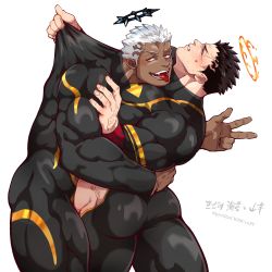Rule 34 | 2boys, angel, anger vein, ass, bara, black bodysuit, black hair, blush, bodysuit, clenched teeth, dark-skinned male, dark skin, closed eyes, facial hair, halo, highres, hug, israfil (housamo), kizami nori to yamaimo, large pectorals, looking at viewer, male focus, multiple boys, muscular, muscular male, pectorals, red eyes, smile, stubble, taut clothes, teeth, thick thighs, thighs, tokyo houkago summoners, tongue, tongue out, translation request, twitter username, v, white hair, zabaniyya (housamo)