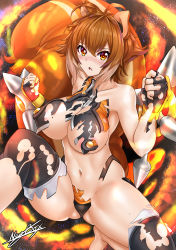 Rule 34 | absurdres, animal ears, antenna hair, areola slip, bare shoulders, black panties, black thighhighs, blazblue, blush, breasts, brown hair, chestnut mouth, crop top, dual wielding, fiery background, fingerless gloves, fire, gloves, gluteal fold, highleg, highleg panties, highres, holding, large breasts, makoto nanaya, microskirt, multicolored hair, navel, nez-box, orange eyes, orange skirt, panties, short hair, skirt, solo, squirrel ears, squirrel girl, squirrel tail, tail, thighhighs, tonfa, torn clothes, two-tone hair, underboob, underwear, weapon