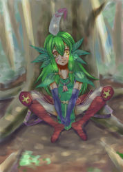 Rule 34 | 10s, blade seed squire, boots, cardfight!! vanguard, feathers, gloves, green hair, long hair, looking at viewer, neo nectar, tattoo, thigh boots, thighhighs, yellow eyes