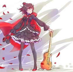 Rule 34 | 1girl, bow, cape, dress, electric guitar, eyepatch, frilled dress, frilled skirt, frills, gothic lolita, guitar, hat, headphones, high heels, iesupa, instrument, lolita fashion, mini hat, petals, red bow, red hair, red heels, ruby rose, rwby, short hair, grey eyes, skirt, solo, thighhighs, top hat, wind