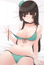 Rule 34 | 10s, 1girl, :o, adapted costume, arm at side, bare arms, bare shoulders, beret, bikini, black hair, blunt bangs, breasts, choker, choukai (kancolle), choukai kai ni (kancolle), cleavage, collarbone, cowboy shot, glasses, green bikini, green hat, groin, hat, head tilt, headgear, highres, jewelry, kantai collection, long hair, looking at viewer, medium breasts, mini hat, navel, open mouth, pulled by self, red eyes, rimless eyewear, ring, shiny skin, sitting, solo, stomach, straight hair, strap pull, swimsuit, very long hair, yukichi (sukiyaki39)