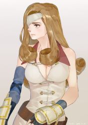 Rule 34 | 1girl, armor, beatrix, belt, breasts, brown eyes, brown hair, cleavage, commentary request, eyepatch, final fantasy, final fantasy ix, gloves, gold trim, highres, long hair, nini tw99, solo