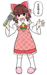 Rule 34 | 1girl, apron, ascot, black eyes, blunt bangs, blush, bow, breasts, brown hair, bseibutsu, clothes writing, collared shirt, cookie (touhou), detached sleeves, frilled bow, frilled hair tubes, frilled shirt collar, frilled skirt, frills, full body, grater, hair bow, hair tubes, hakurei reimu, heart, highres, holding, long hair, looking at viewer, medium breasts, open mouth, pink apron, pink footwear, red bow, red shirt, red skirt, round teeth, rurima (cookie), shirt, sidelocks, simple background, skirt, skirt set, sleeveless, sleeveless shirt, slippers, smile, socks, solo, standing, teeth, touhou, translation request, upper teeth only, white background, white sleeves, white socks, wide sleeves, yellow ascot