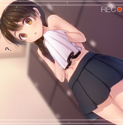 Rule 34 | 10s, 1girl, ?, braid, brown eyes, brown hair, cowboy shot, dutch angle, from below, kantai collection, long hair, looking at viewer, minarai shachou, parted lips, pleated skirt, pov, recording, unworn shirt, skirt, solo, topless, uranami (kancolle), viewfinder