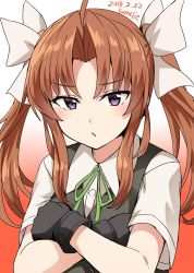 Rule 34 | 1girl, ahoge, artist name, black gloves, black vest, brown hair, chestnut mouth, commentary request, crossed arms, dated, gloves, gradient background, green ribbon, hair ribbon, highres, kagerou (kancolle), kagerou kai ni (kancolle), kamelie, kantai collection, long hair, looking at viewer, neck ribbon, one-hour drawing challenge, orange background, purple eyes, ribbon, school uniform, shirt, short sleeves, solo, twintails, upper body, vest, white background, white ribbon, white shirt