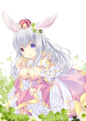 Rule 34 | 1girl, animal ears, arch bishop (ragnarok online), blush, bow, breasts, cleavage, cleavage cutout, clothing cutout, clover, commentary request, cross, crown, dandelion, dress, dress bow, flower, frilled dress, frills, full body, gold trim, gyorui (yakiudonnn), heterochromia, kneeling, large breasts, long hair, looking at viewer, official alternate costume, open mouth, purple eyes, rabbit ears, ragnarok online, red dress, red eyes, solo, two-tone dress, v-shaped eyebrows, white dress, white hair, yellow bow