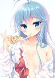 Rule 34 | 10s, 1girl, antenna hair, bare shoulders, blue eyes, blue hair, blush, bow, bowtie, unworn bowtie, cheese, closed mouth, collarbone, collared shirt, colored eyelashes, convenient censoring, denpa onna to seishun otoko, dress shirt, eating, eyebrows, food, gradient hair, hair censor, hair over breasts, hair over one breast, head tilt, holding, holding food, irone (miyamiya38), long hair, long sleeves, matching hair/eyes, multicolored hair, no bra, open clothes, open shirt, pink hair, pizza, pizza slice, red bow, red bowtie, shirt, solo, sweat, sweatdrop, tomato, touwa erio, tsurime, upper body, vegetable, very long hair, white shirt