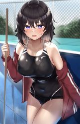 Rule 34 | 1girl, absurdres, bare shoulders, black hair, black one-piece swimsuit, blurry, blurry background, blush, breasts, chain-link fence, cleavage, covered navel, cowboy shot, depth of field, double vertical stripe, fence, hair between eyes, hand up, highres, holding, jacket, kaku yone, large breasts, long hair, long sleeves, looking at viewer, off shoulder, one-piece swimsuit, open clothes, open jacket, open mouth, original, outdoors, purple eyes, red jacket, school swimsuit, solo, standing, sweatdrop, swimsuit, thighs, two-tone swimsuit, wet, wet clothes, wet swimsuit