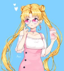 Rule 34 | 1girl, amick (americanomix), artist request, bad id, bad pixiv id, bishoujo senshi sailor moon, blonde hair, blue background, blue eyes, blush, choker, collarbone, cup, disposable cup, double bun, drinking straw, earrings, frilled shirt, frills, hair bun, hands up, heart, heart-shaped eyewear, holding, holding cup, jewelry, long hair, looking at viewer, parted bangs, parted lips, pink choker, shirt, short sleeves, sidelocks, smoothie, solo, sunglasses, tsukino usagi, twintails, upper body, very long hair, white shirt