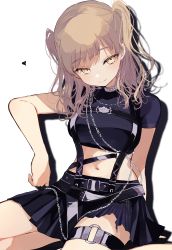 Rule 34 | 1girl, absurdres, black shirt, black skirt, breasts, brown eyes, brown hair, closed mouth, commentary request, crop top, heart, highres, long hair, looking at viewer, medium breasts, midriff, navel, nijisanji, o-ring, o-ring thigh strap, pleated skirt, shadow, shirt, short sleeves, sister claire, sister claire (9th costume), skirt, smile, sofra, solo, thigh strap, torn clothes, torn skirt, two side up, virtual youtuber, white background