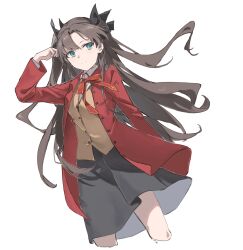 Rule 34 | 1girl, aqua eyes, arm up, black skirt, brown hair, brown vest, closed mouth, coat, cropped legs, dutch angle, fate/stay night, fate (series), floating hair, highres, homurahara academy school uniform, jacket, kafuuchino (chouti), long hair, neck ribbon, red coat, red jacket, red ribbon, ribbon, school uniform, simple background, skirt, solo, standing, tohsaka rin, two side up, vest, white background
