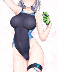 Rule 34 | 1girl, armpits, bed sheet, black one-piece swimsuit, blue archive, breasts, choker, collarbone, commentary request, competition swimsuit, covered navel, dakimakura (medium), earrings, gloves, gluteal fold, green gloves, grey hair, halcon, head out of frame, highleg, highleg swimsuit, jewelry, large breasts, lying, medium hair, on back, one-piece swimsuit, shiroko (blue archive), single thighhigh, solo, stud earrings, swimsuit, thighhighs