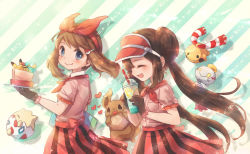 Rule 34 | 2girls, bow, brown gloves, chimecho, chingling, creatures (company), double bun, eevee, game freak, gen 1 pokemon, gen 2 pokemon, gen 3 pokemon, gen 4 pokemon, gloves, hair bow, hair bun, hair ornament, hairclip, heart, holding, holding plate, koron (tkhsrui), may (pokemon), multiple girls, nintendo, pikachu, pink shirt, plate, pokemon, pokemon (creature), pokemon bw2, pokemon cafe remix, pokemon oras, red bow, rosa (pokemon), shirt, skirt, smile, striped clothes, striped skirt, togepi, twintails, visor cap