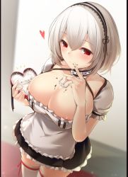 Rule 34 | 1girl, anchor, apron, areola slip, azur lane, black dress, blush, box, breasts, chocolate, choker, cleavage, collarbone, commentary request, cowboy shot, dress, frilled apron, frills, gift, hair between eyes, hairband, hand up, heart, heart-shaped box, highres, holding, holding gift, lace-trimmed hairband, lace trim, large breasts, licking, licking finger, light particles, looking at viewer, petticoat, pillarboxed, puffy short sleeves, puffy sleeves, red eyes, ribbon, short dress, short hair, short sleeves, sidelocks, silver hair, sirius (azur lane), solo, standing, thighhighs, thighs, toyosaki shu, translation request, waist apron, white apron, white thighhighs, zettai ryouiki