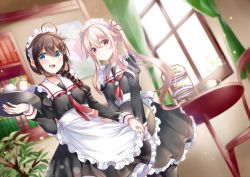 Rule 34 | 2girls, ahoge, alternate costume, apron, blue eyes, blush, braid, breasts, brown hair, chair, cup, curtains, day, dress, enmaided, frills, hair flaps, hair ornament, hair ribbon, harusame (kancolle), holding, holding tray, indoors, kantai collection, long hair, long sleeves, looking at viewer, maid, mashiro aa, medium breasts, multiple girls, open mouth, pink hair, plant, ponytail, red eyes, red neckwear, ribbon, sailor collar, shigure (kancolle), side ponytail, sidelocks, single braid, smile, standing, table, teacup, teapot, tray, waist apron, white apron, window