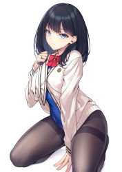 Rule 34 | 1girl, arm support, between legs, black hair, black pantyhose, blue eyes, blue one-piece swimsuit, bow, bowtie, cardigan, cardigan lift, gridman universe, hair behind ear, hand between legs, highres, holding, holding own hair, kanata (kanata onion), kneeling, long hair, long sleeves, looking at viewer, one-piece swimsuit, pantyhose, pantyhose under swimsuit, red bow, red bowtie, simple background, solo, ssss.gridman, swimsuit, swimsuit over clothes, swimsuit under clothes, takarada rikka, thighband pantyhose, white background, white cardigan