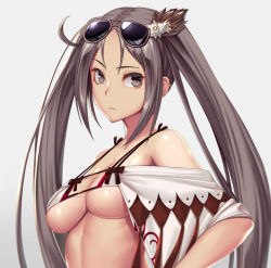 Rule 34 | 1girl, bare shoulders, bow, breasts, brown-framed eyewear, brown eyes, brown hair, cleavage, closed mouth, collarbone, commentary request, yu mei-ren (fate), ear piercing, expressionless, eyewear on head, fate/grand order, fate (series), grey background, hair ornament, long hair, looking at viewer, medium breasts, piercing, red bow, sidelocks, simple background, solo, sunglasses, swimsuit, takanashi-a, tassel, twintails, underboob, upper body, very long hair, yu mei-ren (swimsuit lancer) (fate)