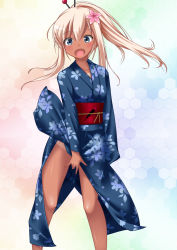 Rule 34 | 10s, 1girl, blonde hair, blue eyes, covering privates, covering crotch, flower, hair flower, hair ornament, highres, japanese clothes, kantai collection, kaze makase, kimono, long hair, no panties, open mouth, ponytail, ro-500 (kancolle), school uniform, swimsuit, swimsuit under clothes, yukata