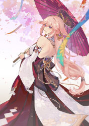 Rule 34 | 1girl, absurdres, backless outfit, bare back, bare shoulders, breasts, commentary, detached sleeves, floral print, genshin impact, hair between eyes, highres, holding, holding umbrella, large breasts, long hair, long sleeves, low-tied long hair, narisawr, oil-paper umbrella, pink hair, purple eyes, red skirt, shirt, skirt, smile, solo, standing, umbrella, very long hair, white shirt, wide sleeves, yae miko