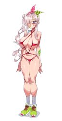 Rule 34 | 1girl, absurdres, airani iofifteen, bare shoulders, bikini, breasts, cleavage, full body, grin, hair bun, hair over one eye, hairband, highres, hololive, hololive indonesia, large breasts, long hair, looking at viewer, makinakid, navel, paint splatter, paint splatter on face, pink hair, purple eyes, red bikini, shoes, side ponytail, simple background, single hair bun, smile, sneakers, socks, solo, swimsuit, virtual youtuber, white background, white socks