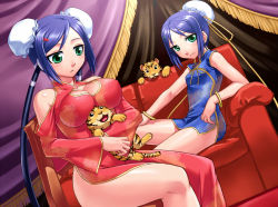 Rule 34 | 2girls, :&lt;, android, animal, aq interactive, arcana heart, arm support, atlus, blue hair, blush, bracelet, breast rest, breasts, breasts on head, bun cover, cable, carried breast rest, carrying, china dress, chinese clothes, cleavage, cleavage cutout, clothing cutout, curtains, double bun, dress, examu, flat chest, green eyes, hair ornament, hairclip, hug, impossible clothes, impossible dress, jewelry, large breasts, mei-fang, mei ling hua, misao (kami no misoshiru), multiple girls, ribbon, short dress, short hair, sitting, size difference, smile, thighs, tiger