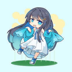 Rule 34 | + +, 1girl, asymmetrical sidelocks, black hair, blue background, blue eyes, blue footwear, blue hair, blue ribbon, blue shawl, blush, brooch, cevio, collared dress, colored inner hair, dress, full body, futaba minato, hair ornament, hairclip, holding shawl, jewelry, layered dress, long hair, looking at viewer, multicolored hair, neck ribbon, open mouth, outline, ribbon, scrunchie, shawl, shoes, simple background, sleeveless, sleeveless dress, smile, sneakers, solo, standing, standing on one leg, very long hair, w arms, white dress, white outline, wrist scrunchie, yamainu luna