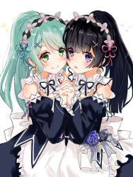 Rule 34 | 2girls, :o, alternate costume, alternate hairstyle, apron, bang dream!, black hair, black ribbon, blunt bangs, blush, closed mouth, commentary request, cosplay, detached sleeves, dress, earrings, frilled dress, frills, green eyes, green hair, hair ornament, hairband, hands up, hikawa sayo, holding hands, interlocked fingers, jewelry, juliet sleeves, long hair, long sleeves, looking at viewer, maid, miyu1529choco, multiple girls, neck ribbon, neck ruff, open mouth, ponytail, puffy sleeves, purple eyes, ram (re:zero), ram (re:zero) (cosplay), re:zero kara hajimeru isekai seikatsu, rem (re:zero), rem (re:zero) (cosplay), ribbon, shirokane rinko, simple background, sleeveless, sleeveless dress, smile, swept bangs, waist apron, white background, x hair ornament