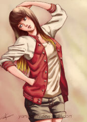 Rule 34 | 1girl, arm up, artist name, beige background, blonde hair, blush, breasts, brown eyes, brown hair, buttons, character request, collarbone, copyright request, cowboy shot, deviantart username, eyelashes, gradient hair, hair over shoulder, hand in pocket, hand on own head, jacket, legs together, letterman jacket, lips, long hair, long sleeves, looking away, looking to the side, medium breasts, multicolored hair, open clothes, open jacket, parted lips, raglan sleeves, red jacket, short shorts, shorts, signature, simple background, sleeves pushed up, solo, standing, striped clothes, striped jacket, teeth, two-tone hair, unbuttoned, watermark, web address, white jacket, yaminokuni