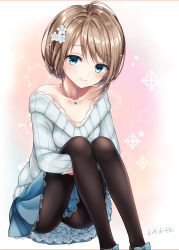 Rule 34 | 1girl, ahoge, bare shoulders, black pantyhose, blue bow, blue eyes, blue skirt, blue sweater, blush, bow, brown hair, closed mouth, commentary request, feet out of frame, flower, hair between eyes, hair flower, hair ornament, head tilt, highres, off-shoulder, off-shoulder sweater, off shoulder, omoomomo, original, pantyhose, pleated skirt, ribbed sweater, signature, sitting, skirt, smile, solo, sweater, white flower