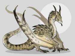Rule 34 | animal focus, artist name, black tongue, brown background, claws, commentary, dragon, forked tongue, from side, full body, highres, horns, komiti, looking at viewer, no humans, original, reptile, scales, simple background, solo, tail, tongue, tongue out, wings, wyvern, yellow eyes