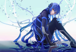 Rule 34 | 2boys, androgynous, aogami (megami tensei), arm support, blue bodysuit, blue hair, bodysuit, chinese commentary, commentary request, eyelashes, highres, holding hands, knees up, legs, long hair, long legs, looking at viewer, male focus, multiple boys, out of frame, protagonist (smtv), reflection, shin megami tensei, shin megami tensei v, single sidelock, sitting, tomasoup9639, twitter username, very long hair, water, yellow eyes
