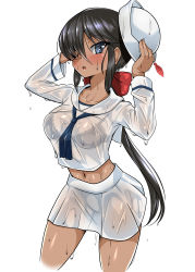 Rule 34 | 10s, 1girl, black bra, black eyes, black hair, blouse, blue neckerchief, blush, bow, bra, bralines, commentary request, cowboy shot, cropped legs, dark-skinned female, dark skin, dixie cup hat, girls und panzer, hair bow, hair over one eye, hat, hat feather, highres, holding, holding clothes, holding hat, lace, lace-trimmed bra, lace trim, leaning forward, long hair, long sleeves, looking at viewer, midriff, military hat, miniskirt, navel, neckerchief, no jacket, ogin (girls und panzer), ooarai naval school uniform, open mouth, pleated skirt, ponytail, red bow, rubbing eyes, sailor, sailor collar, school uniform, see-through, sekai saisoku no panda, shirt, simple background, skirt, solo, standing, swept bangs, thighs, underwear, unworn hat, unworn headwear, wet, wet clothes, wet hair, wet shirt, white background, white hat, white shirt, white skirt