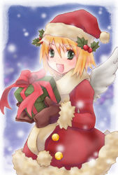 Rule 34 | 1girl, :d, aikawa yuzuki, blonde hair, blush, brown mittens, christmas, commentary request, cowboy shot, gift, green eyes, hair between eyes, hair ornament, hat, holding, holding gift, holly hair ornament, looking at viewer, lowres, mittens, open mouth, ragnarok online, red hat, santa costume, santa hat, short hair, smile, snowing, solo