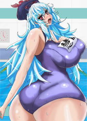 Rule 34 | 1girl, ass, blue hair, breasts, curvy, female focus, from behind, hat, huge ass, huge breasts, kamishirasawa keine, long hair, looking back, one-piece swimsuit, open mouth, pool, red eyes, solo, standing, swimsuit, touhou, urx ura, water, wide hips