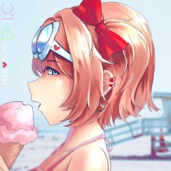 Rule 34 | 1girl, bare shoulders, beach, blue eyes, blurry, blurry background, bow, brown hair, collarbone, doki doki literature club, earclip, earrings, eating, eyewear on head, food, hair bow, hannah santos, heart, highres, ice cream, jewelry, looking at viewer, open mouth, pink shirt, portrait, red bow, sayori (doki doki literature club), shirt, short hair, solo, teeth, upper body, upper teeth only