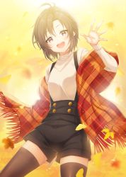 Rule 34 | 1girl, :d, antenna hair, autumn, autumn leaves, ayumi (as0206), black shorts, black thighhighs, blurry, blurry background, blurry foreground, breasts, brown hair, commentary request, cowboy shot, high-waist shorts, highres, idolmaster, idolmaster (classic), idolmaster 2, idolmaster million live!, idolmaster million live! theater days, kikuchi makoto, long sleeves, looking at viewer, open mouth, plaid shawl, purple eyes, shawl, short hair, shorts, small breasts, smile, solo, suspender shorts, suspenders, sweater, thighhighs, waving, white sweater