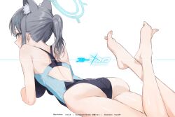 Rule 34 | 1girl, animal ear fluff, animal ears, ass, barefoot, black one-piece swimsuit, blue archive, blue eyes, breasts, competition swimsuit, covered navel, cross hair ornament, extra ears, from behind, grey hair, hair ornament, halo, haru on, highres, looking at viewer, low ponytail, lying, medium breasts, medium hair, mismatched pupils, multicolored clothes, multicolored swimsuit, on stomach, one-piece swimsuit, shiroko (blue archive), shiroko (swimsuit) (blue archive), simple background, solo, swimsuit, white background, wolf ears