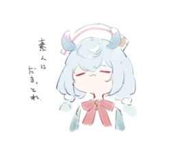 Rule 34 | :3, blue hair, bow, closed eyes, closed mouth, commentary request, cropped torso, facing viewer, genshin impact, hair between eyes, mayogii, red bow, shirt, sigewinne (genshin impact), simple background, sketch, translation request, upper body, white background, white headwear, white shirt