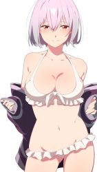 Rule 34 | 10s, 1girl, bare shoulders, bikini, breasts, cleavage, commentary request, cowboy shot, fingernails, frilled bikini, frills, front-tie bikini top, front-tie top, gridman universe, hair between eyes, half-closed eyes, highres, jacket, large breasts, light purple hair, light smile, long sleeves, looking at viewer, namataro, navel, off shoulder, red eyes, shinjou akane, short hair, simple background, sleeves past wrists, solo, ssss.gridman, stomach, swimsuit, white background, white bikini