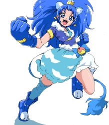 Rule 34 | 10s, 1girl, :d, animal ears, blue eyes, blue gloves, blue hair, blue shirt, blue skirt, blue theme, blue thighhighs, cat ears, cat tail, choker, clenched hand, cloud print, crown, cure gelato, earrings, extra ears, fighting stance, full body, gloves, jaggy lines, jewelry, kirakira precure a la mode, layered skirt, lion ears, lion tail, long hair, looking at viewer, magical girl, mini crown, open mouth, precure, print skirt, shirt, simple background, single thighhigh, skirt, smile, solo, tail, tategami aoi, thighhighs, uraki, white background, white skirt