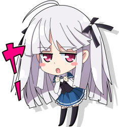 Rule 34 | 10s, 1girl, absolute duo, ahoge, blush, breasts, chibi, frills, grey hair, hair ornament, long hair, open mouth, pink eyes, school uniform, shoes, simple background, skirt, solo, thighhighs, twintails, yurie sigtuna