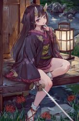Rule 34 | 1girl, absurdres, bare legs, grimms echoes, hand on own face, highres, hime cut, holding, holding weapon, horns, japanese clothes, kimono, long hair, looking at viewer, night, on floor, onihime (grimms echoes), sandals, suzuno (bookshelf), sword, weapon, zouri